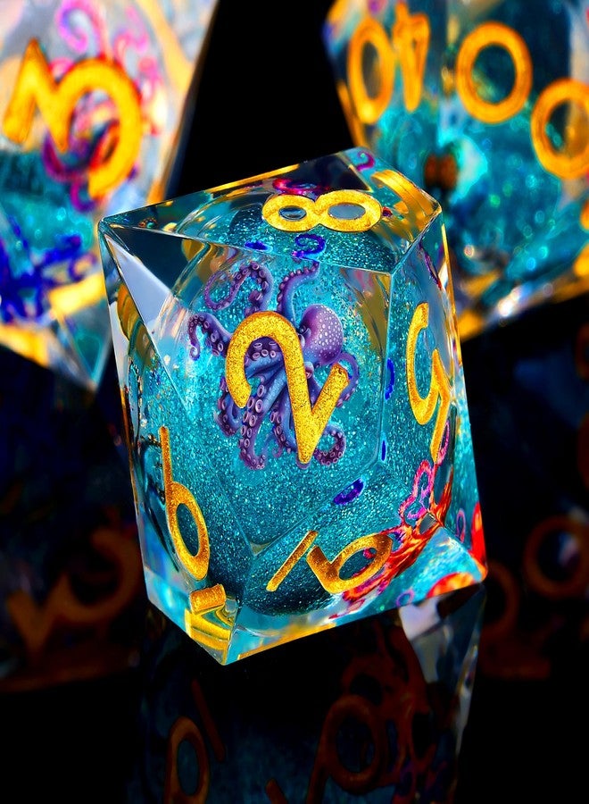 Froggod Octopus Liquid Core DND Dice Set, 7Pcs Sharp Edge D&D Dice with Gift Box, for Dungeons and Dragons RPG MTG D and D Role Playing - Blue Resin - Image 4